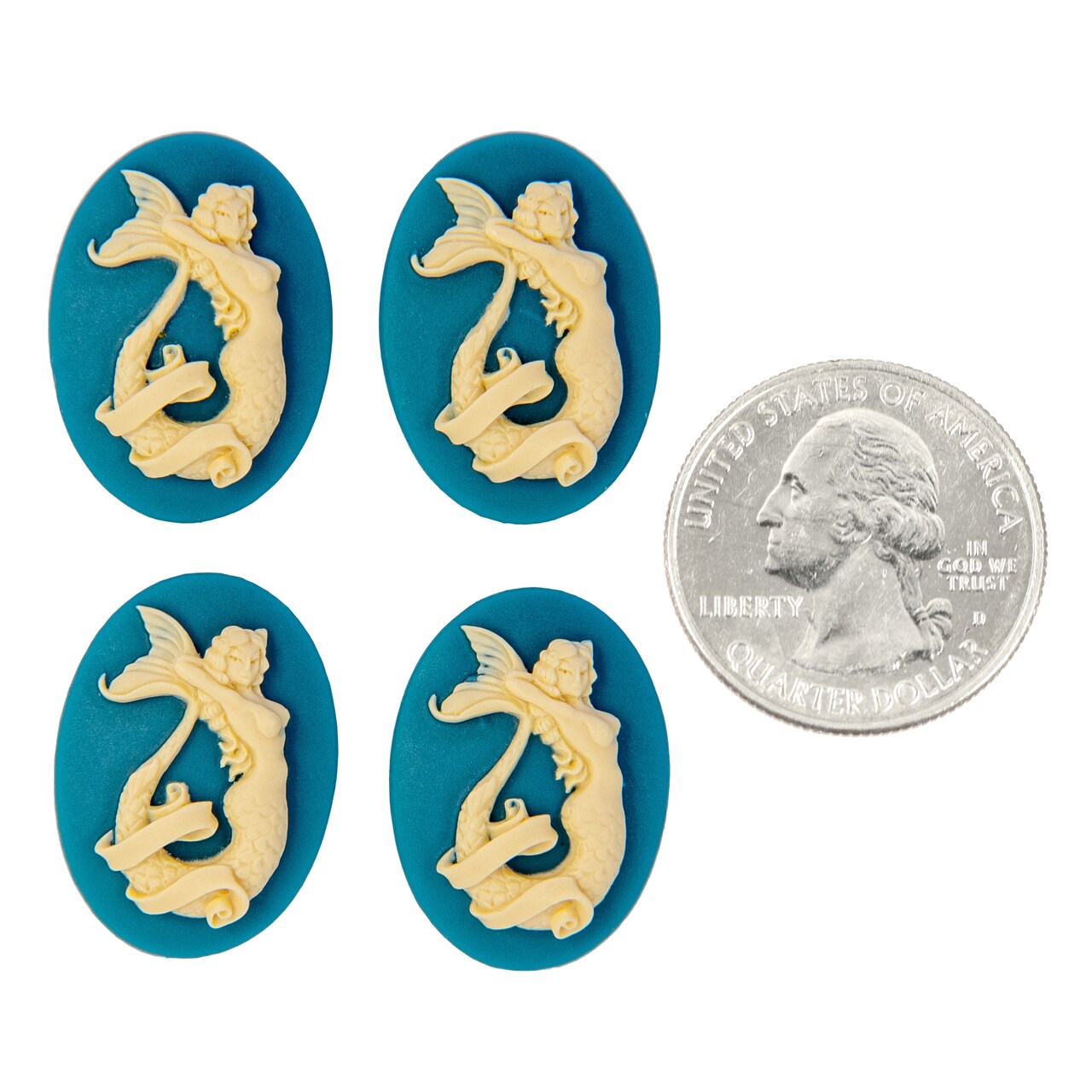 Two Dark Turquoise and Cream Risque Mermaid Cameos 25mm x 18mm Cameos Set of Four- CAM359